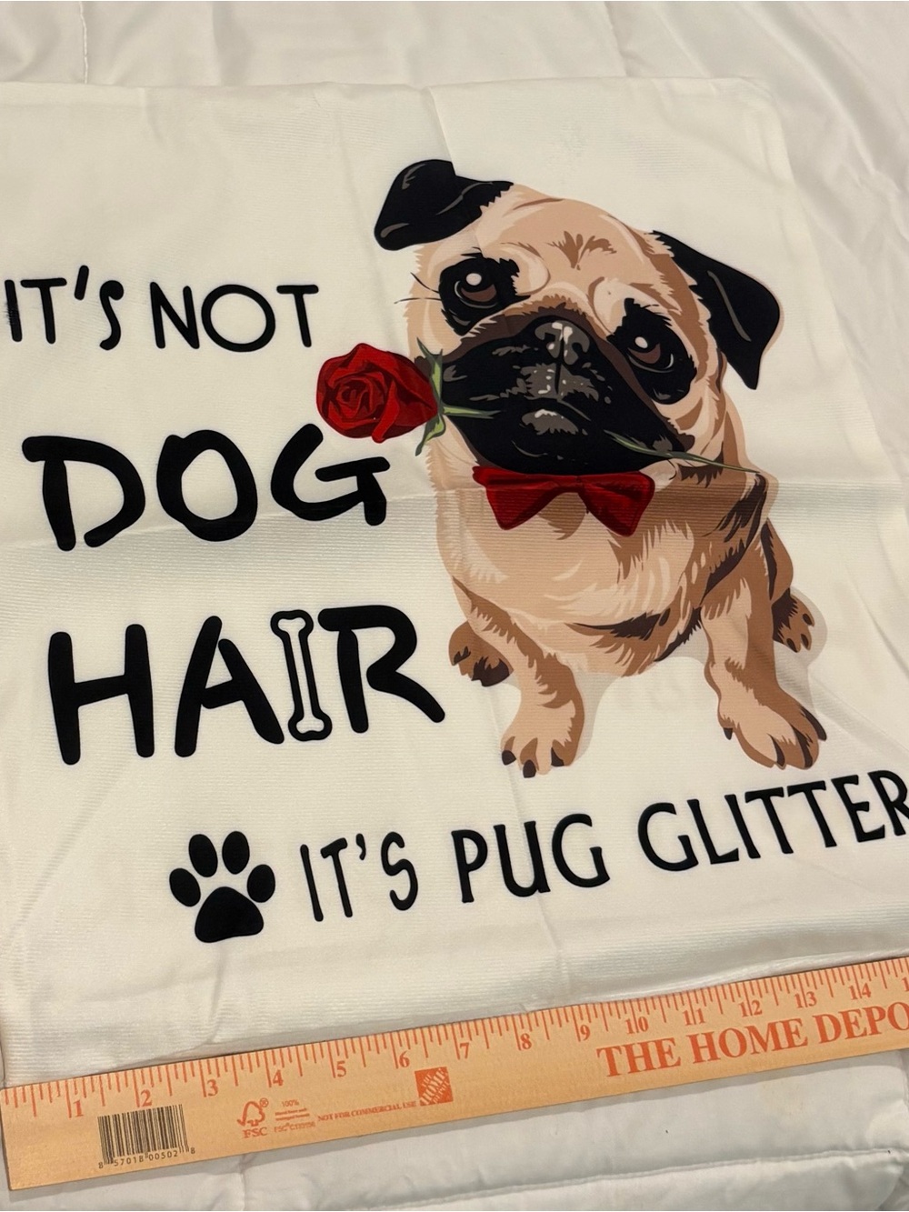 Cream Pug Dog pillow, cover with Red Rose and Bow Design 18 x17